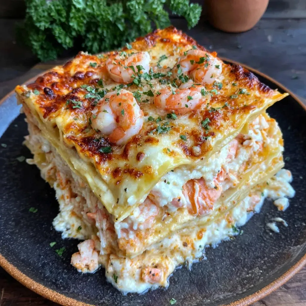 A stack of lasagna with shrimp and cheese.