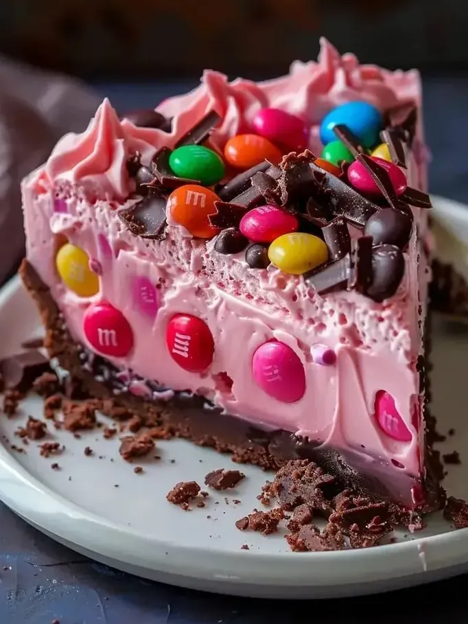 A slice of cake with M&M's on top.