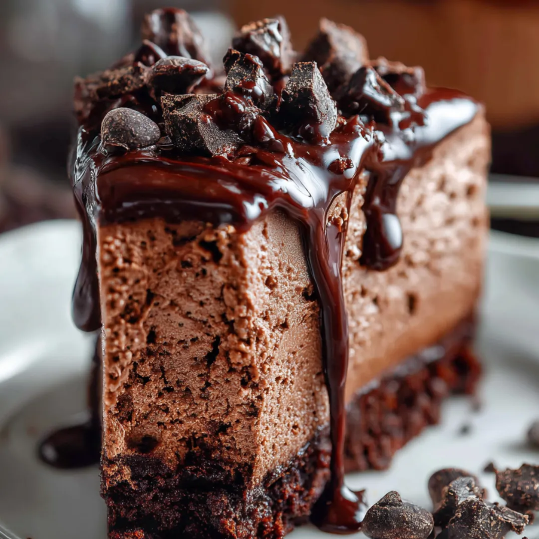 A slice of chocolate cake with chocolate drizzle.