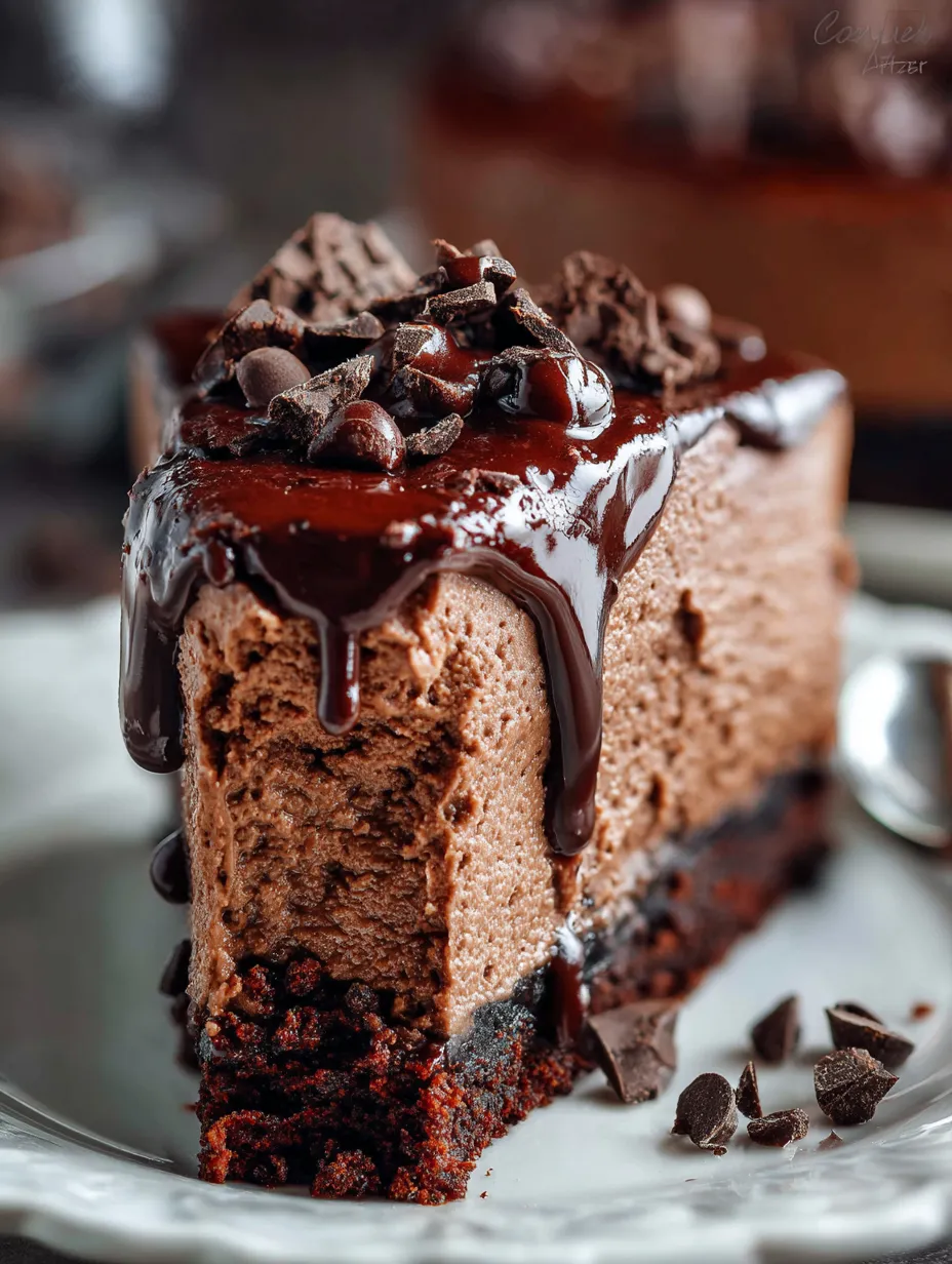 A slice of chocolate cake with chocolate drizzle.