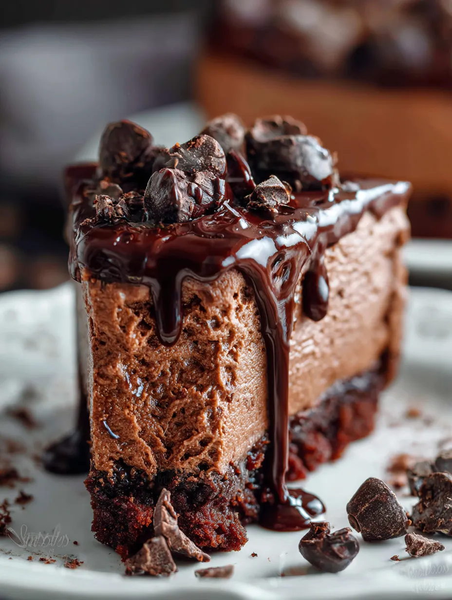 A slice of chocolate cake with chocolate drizzle.