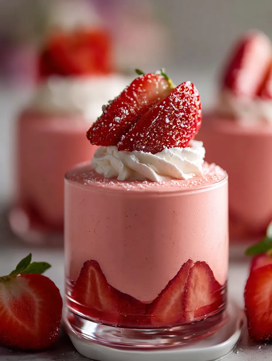 A slice of pink cake with white whipped cream and strawberries on top.