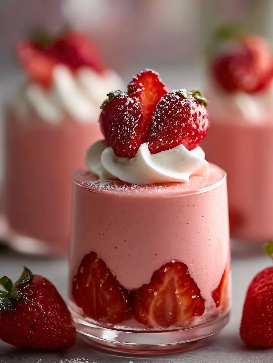 A pink dessert with strawberries on top.