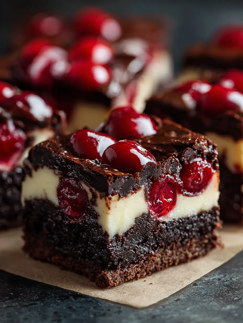 A chocolate dessert with cherries on top.