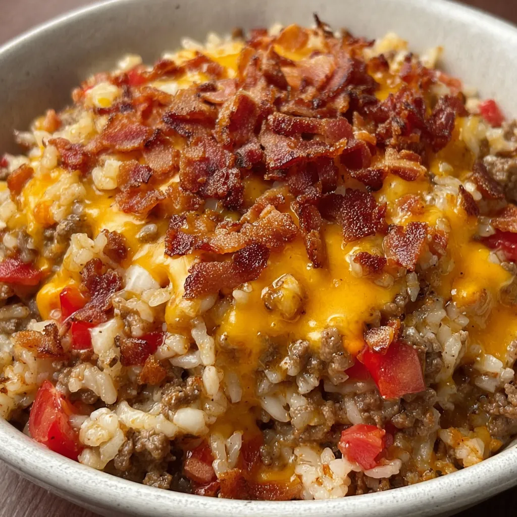 A bowl of food with bacon and rice.