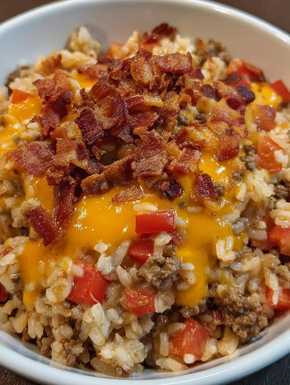 A bowl of food with bacon and rice.