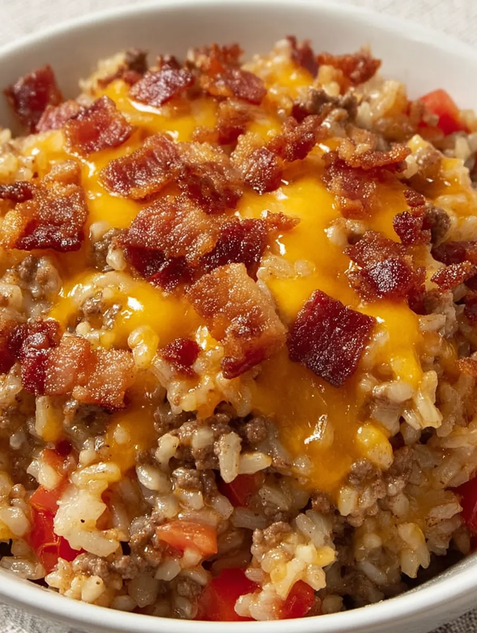 A bowl of food with bacon and cheese.