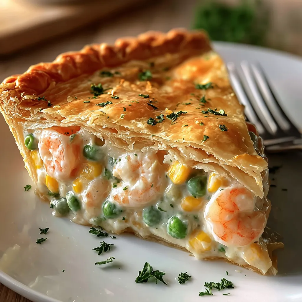 A slice of pie with shrimp and peas on a white plate.