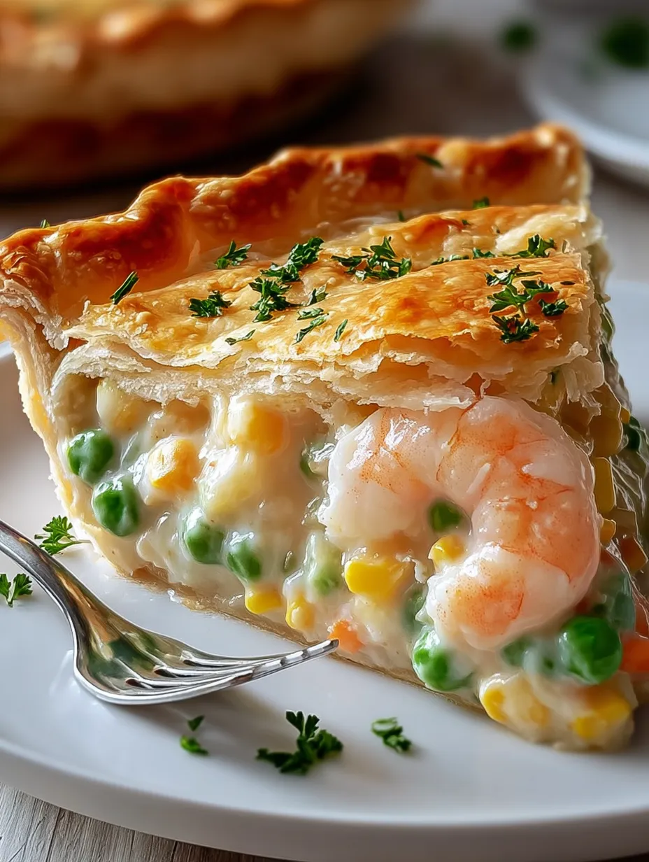 A yummy slice of pie with shrimp and peas.
