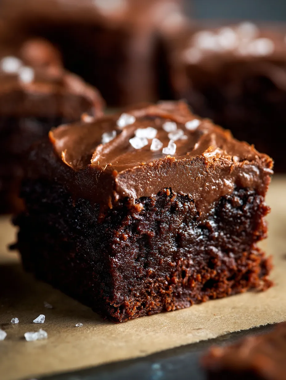 A chocolate brownie with white sugar on top.
