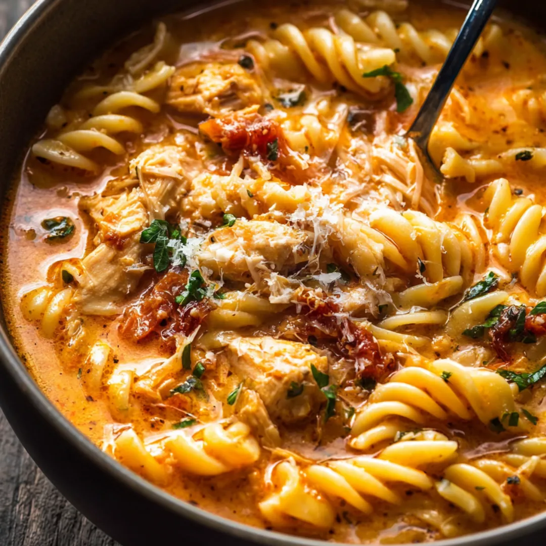 A bowl of pasta with meat and cheese.