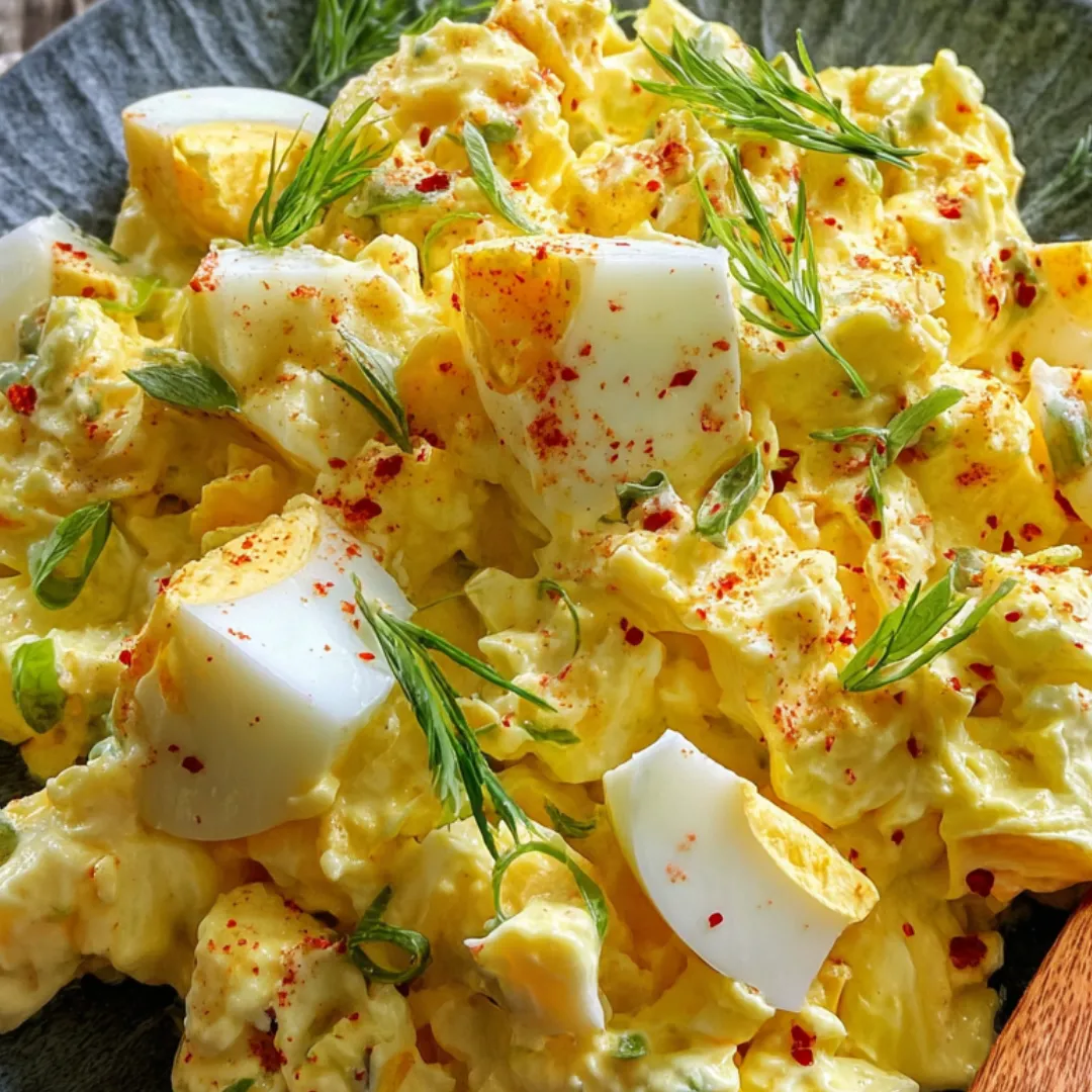 A bowl of food with eggs and onions.
