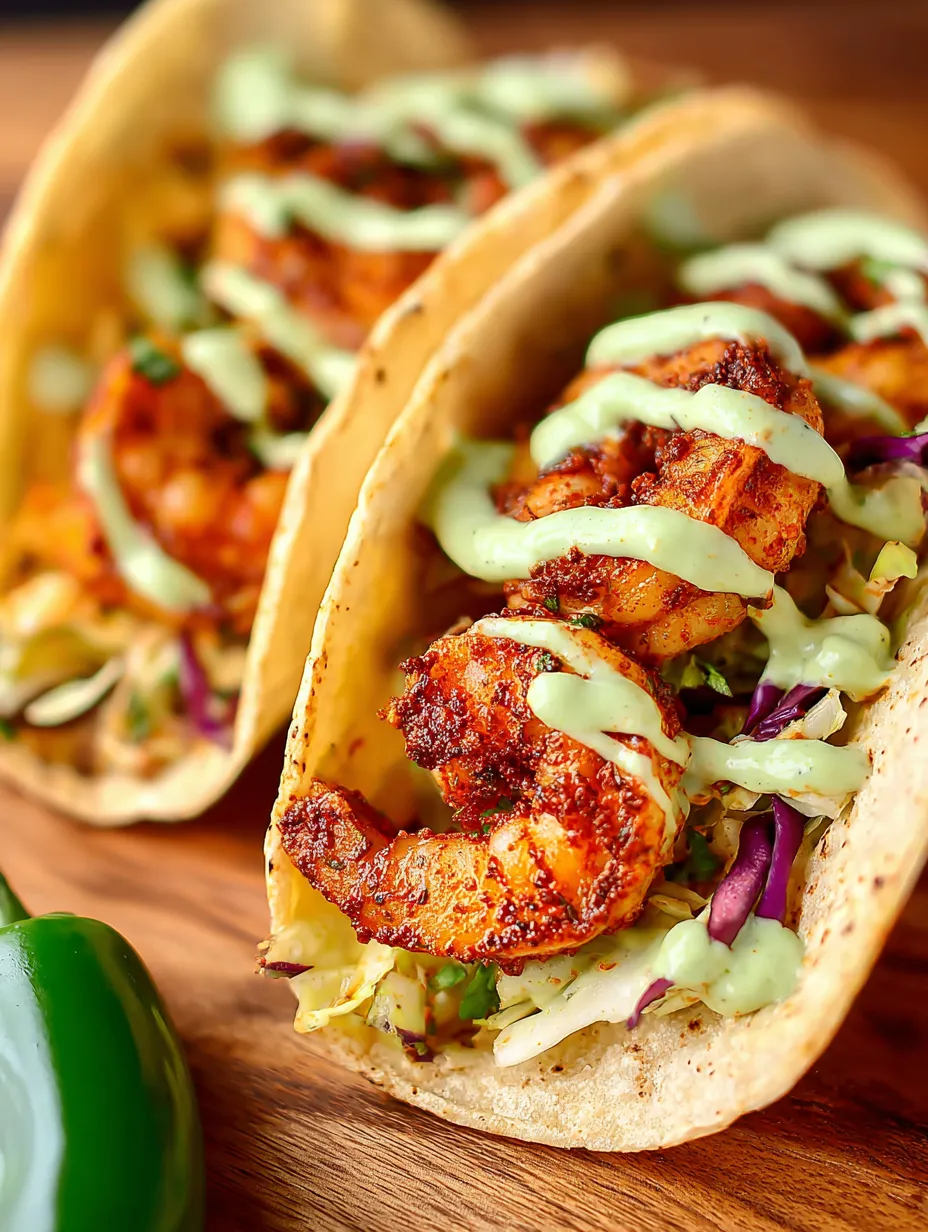 Two tacos with shrimp and sauce.