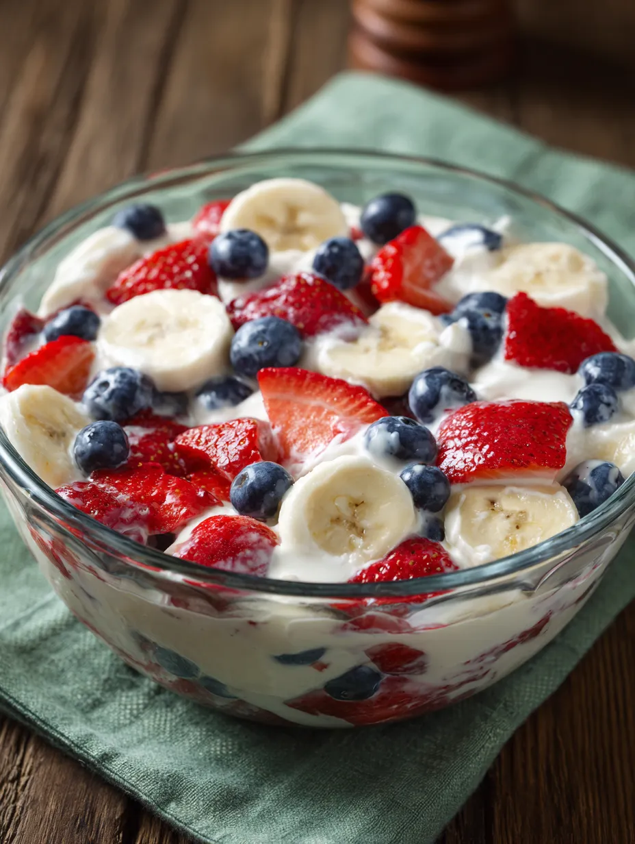 A bowl of fruit with bananas, strawberries, and blueberries.