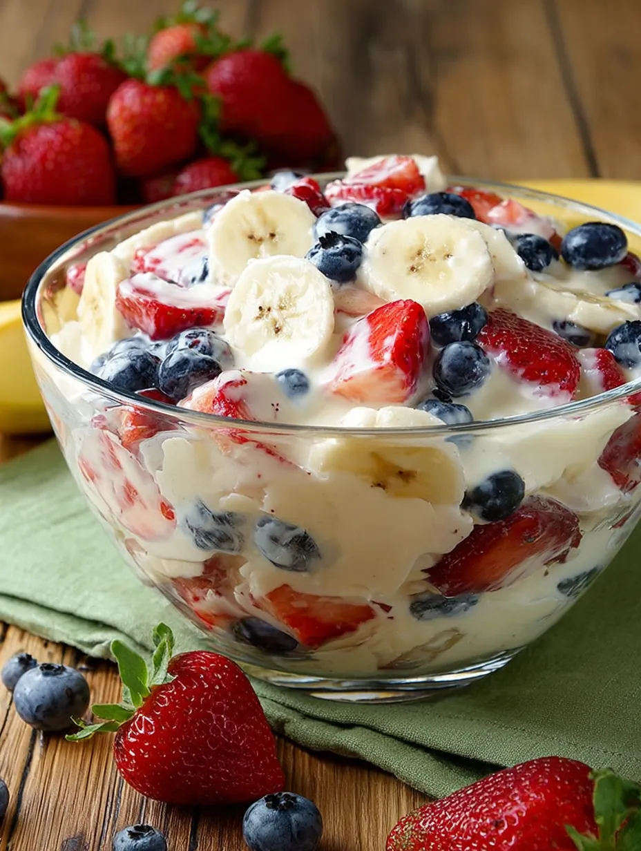 A yummy bowl of fruit with bananas, strawberries, and blueberries.