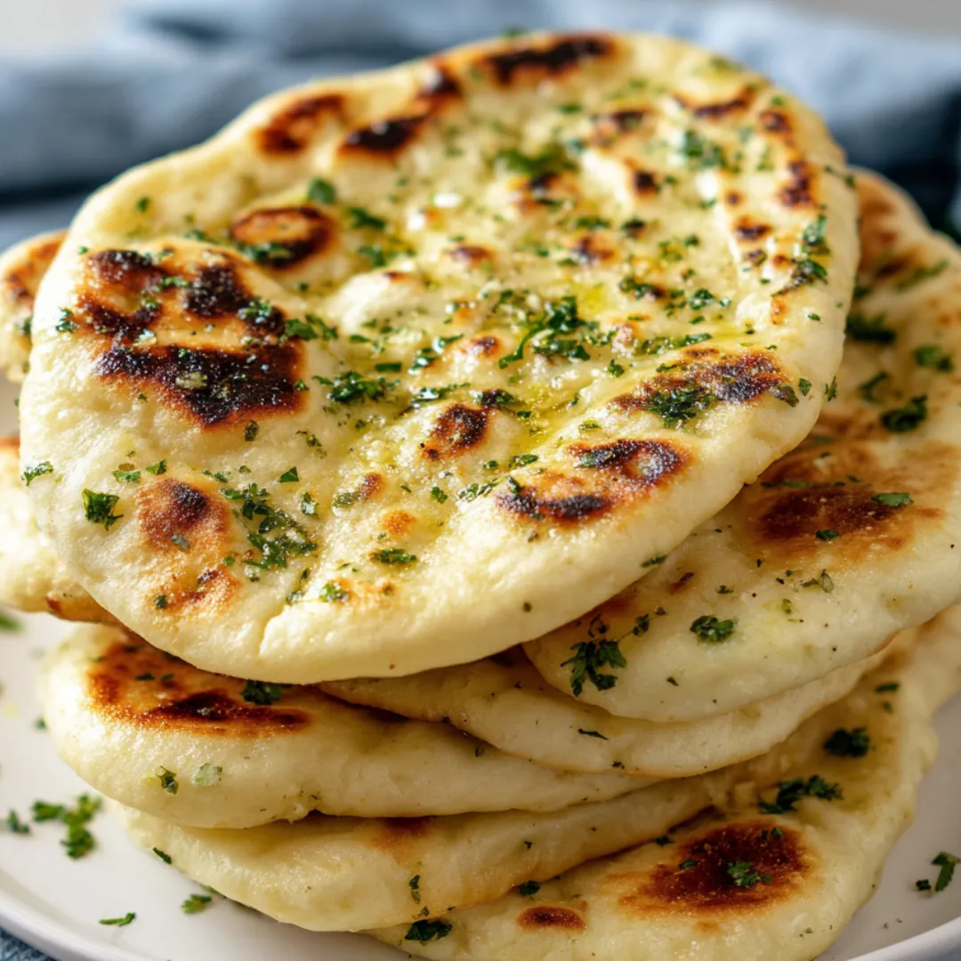 A stack of pita bread with herbs on top.
