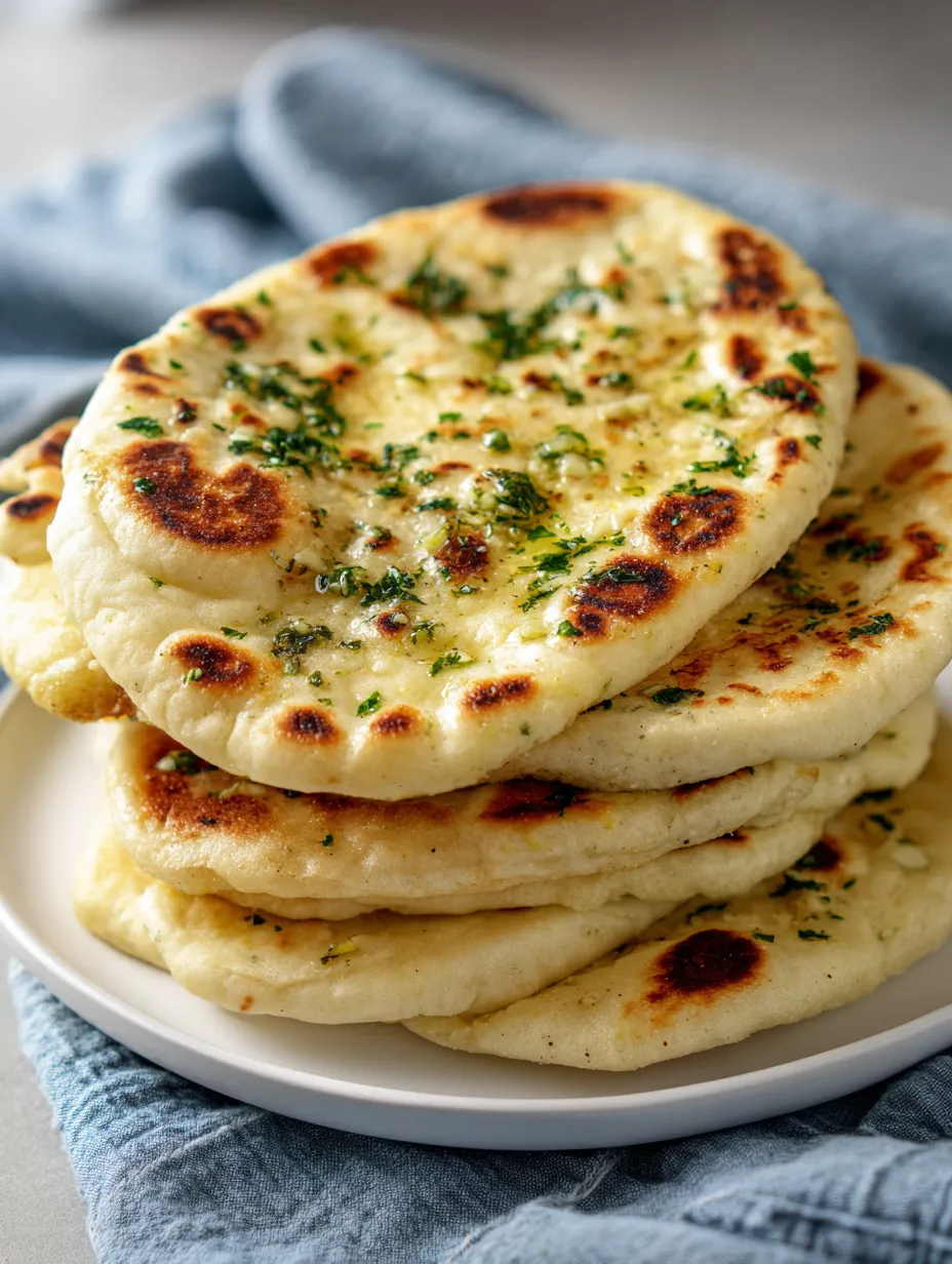 A stack of pita bread with green herbs on top.