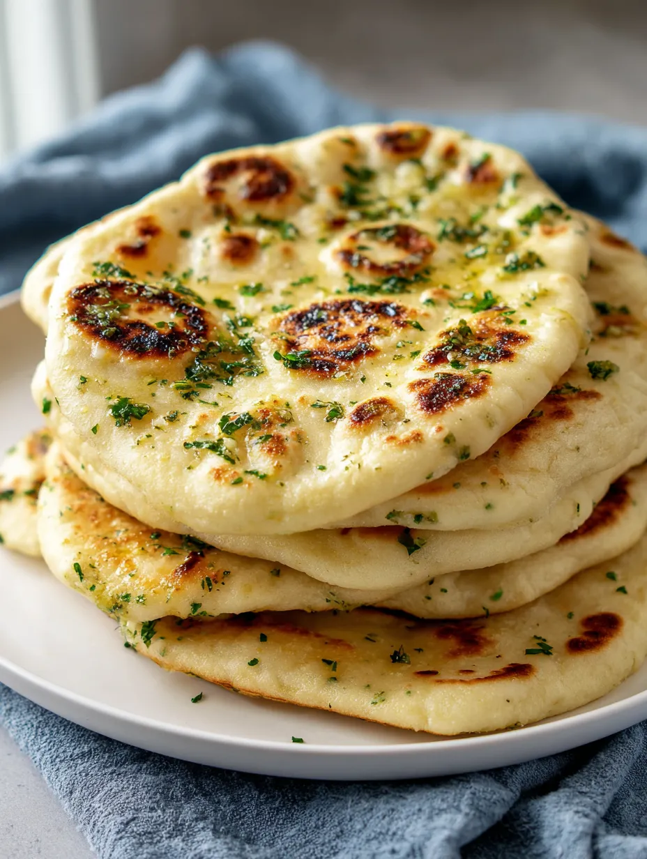 A stack of pita bread with green herbs on top.