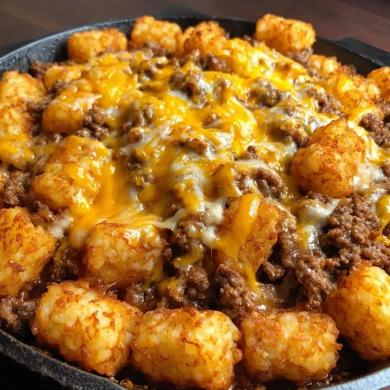 A pan of food with tater tots and meat.