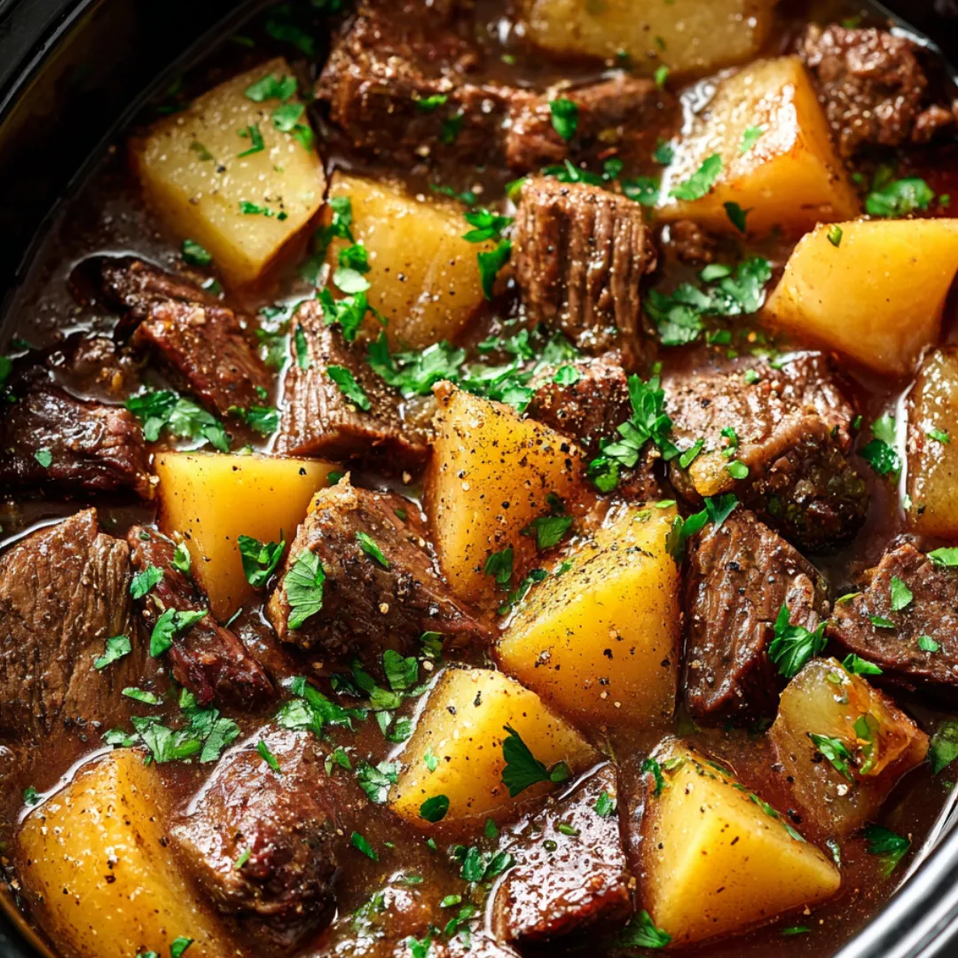 A bowl of beef stew with potatoes and green onions.