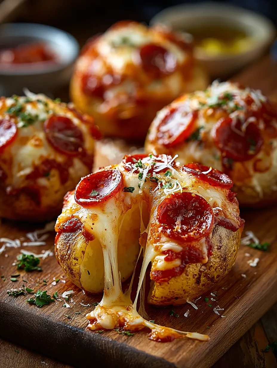 A plate of cheese and pepperoni stuffed potatoes.