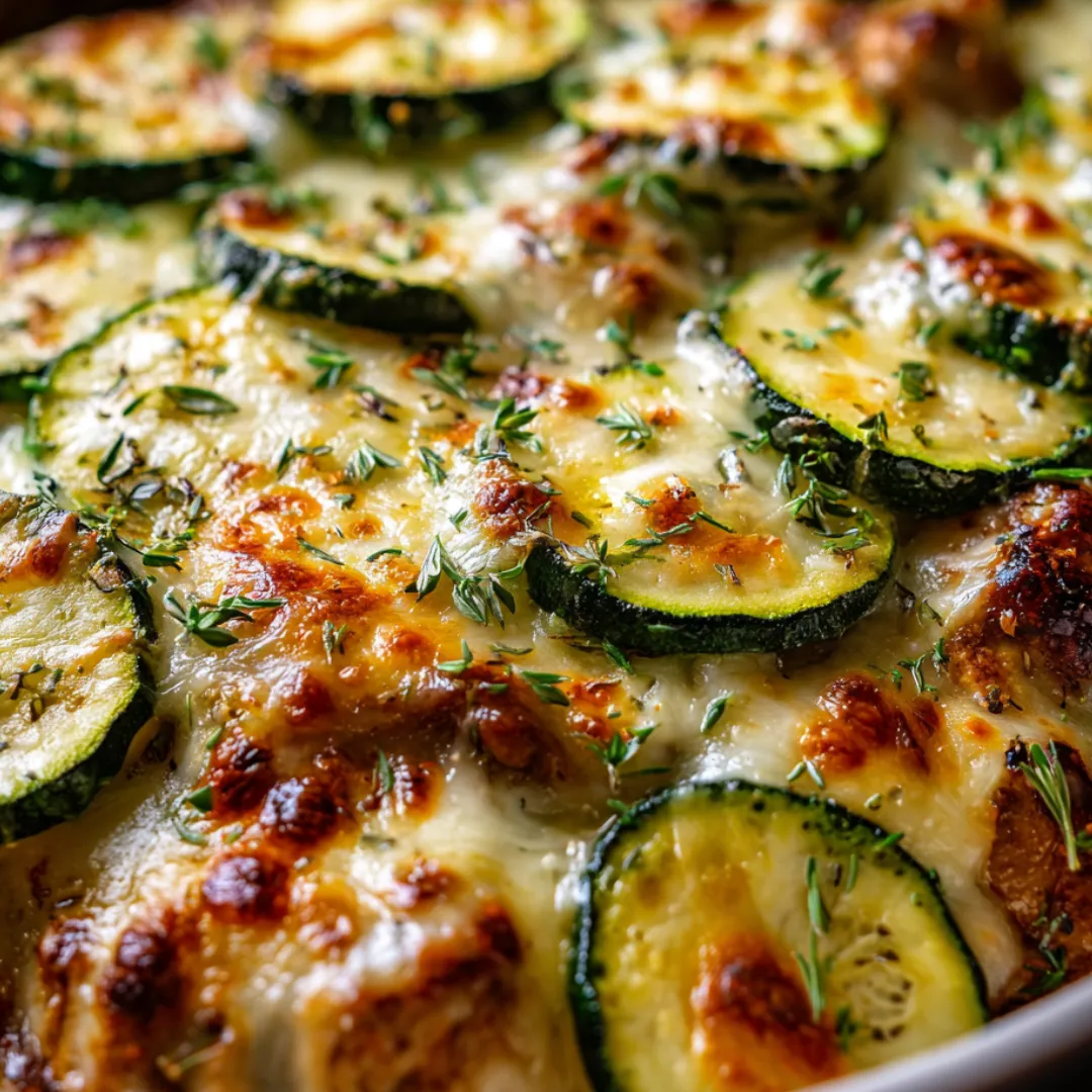 A dish of food with zucchini and cheese.