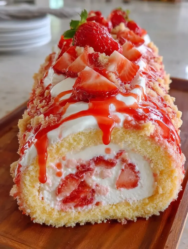 A cake with strawberries and whipped cream.