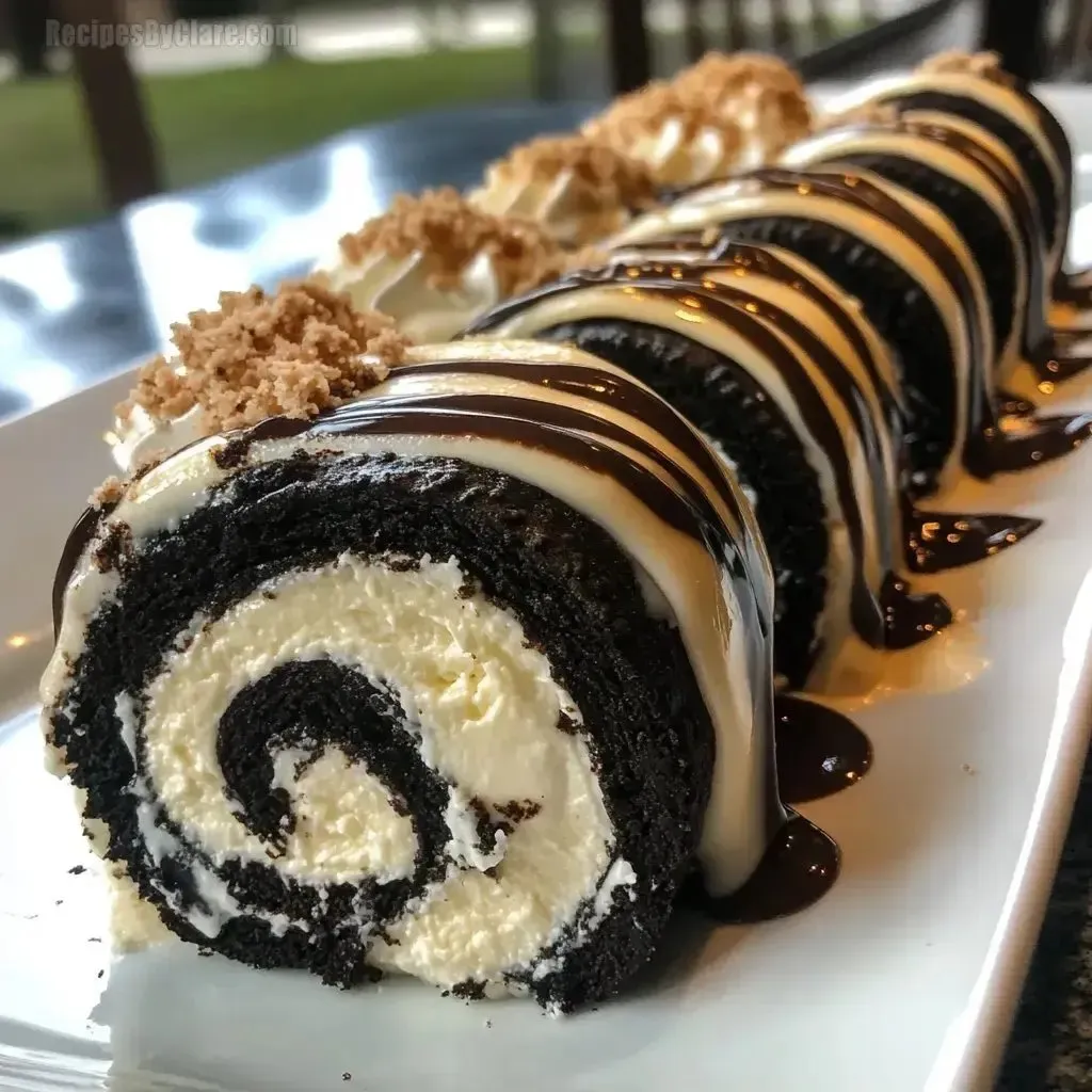A plate of food with a cake roll and a chocolate roll.