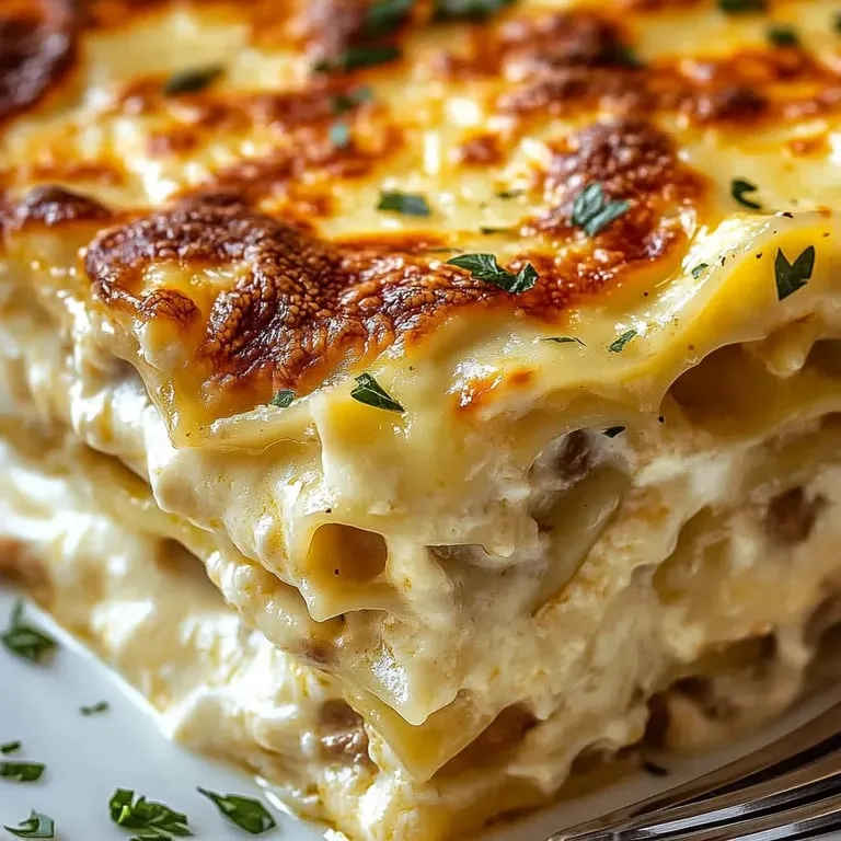 A close up of a lasagna with cheese and herbs.
