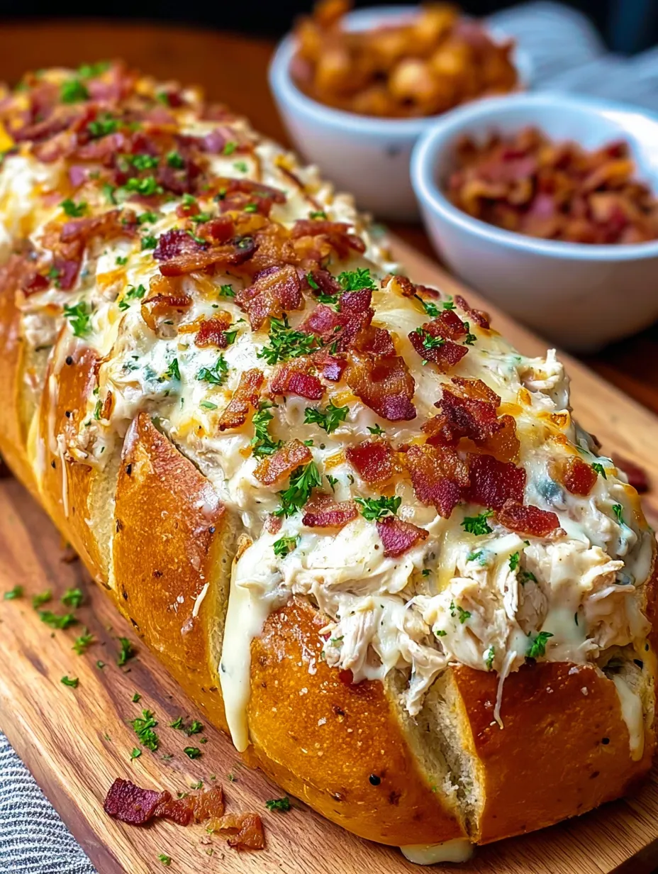A large piece of food with bacon on top.