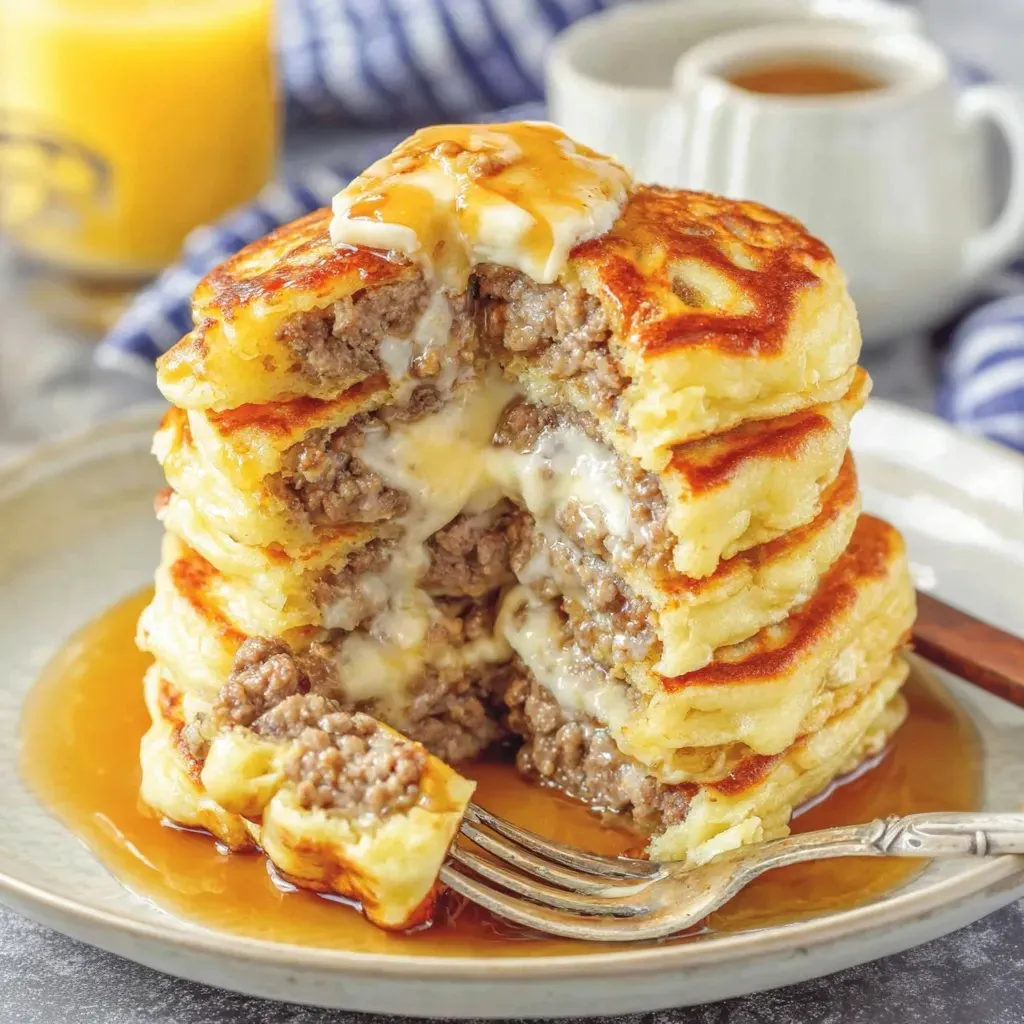 A stack of pancakes with meat and cheese on top.