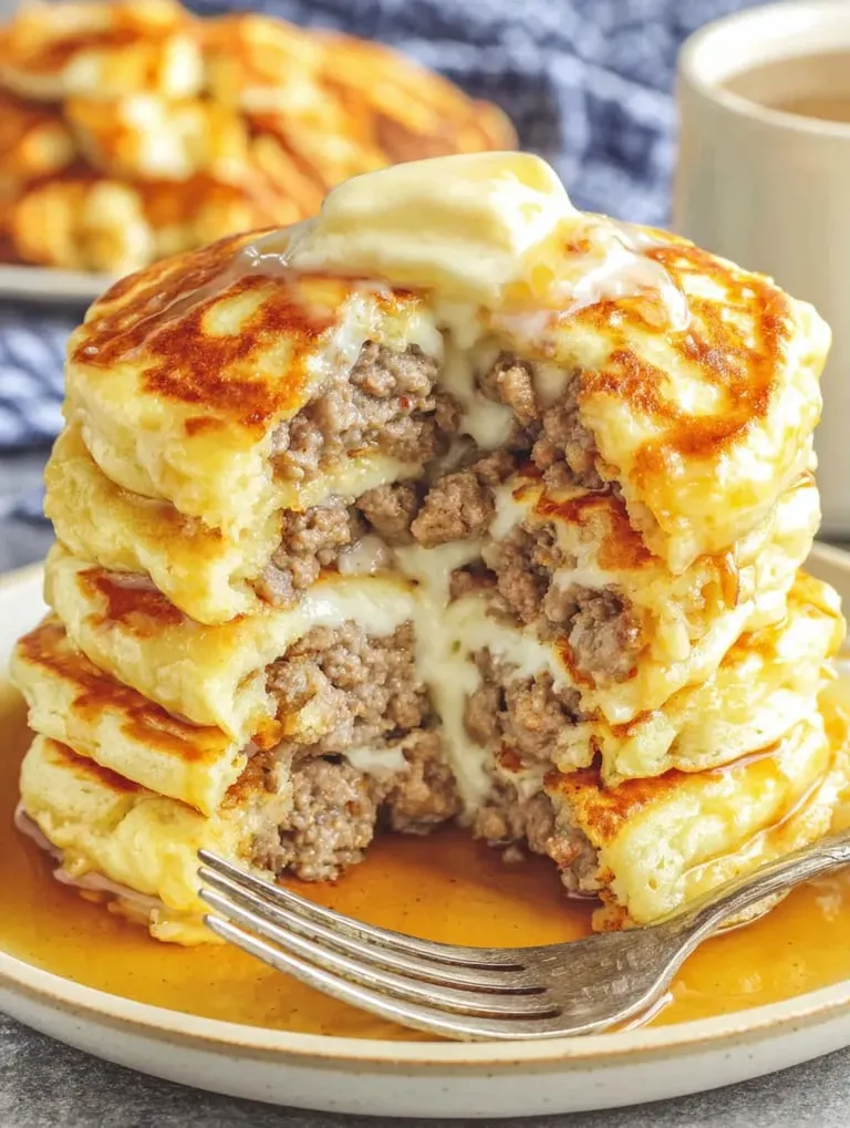 A stack of meat and cheese covered in gravy.