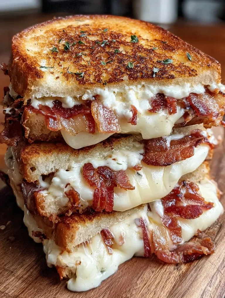 Bacon and cheese sandwich stacked on top of each other.