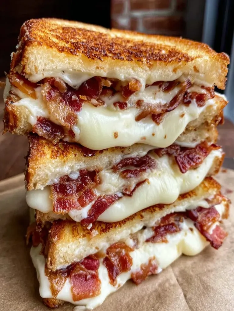 Bacon and cheese sandwiches stacked on top of each other.