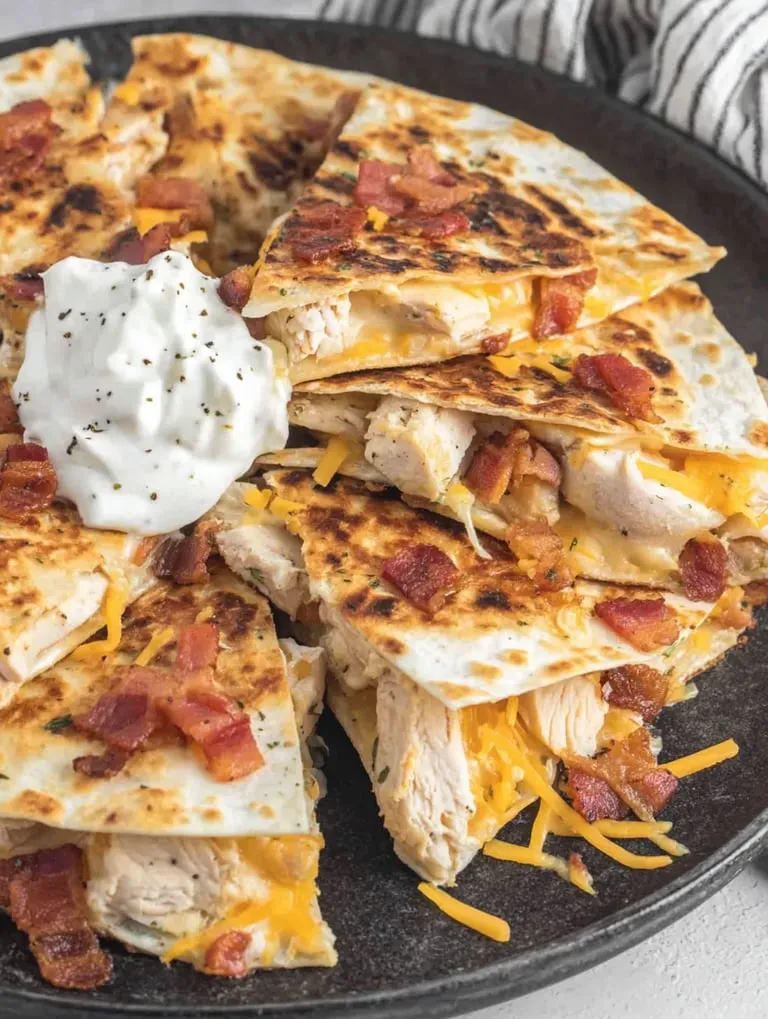 A plate of chicken and bacon with a dollop of sour cream on top.