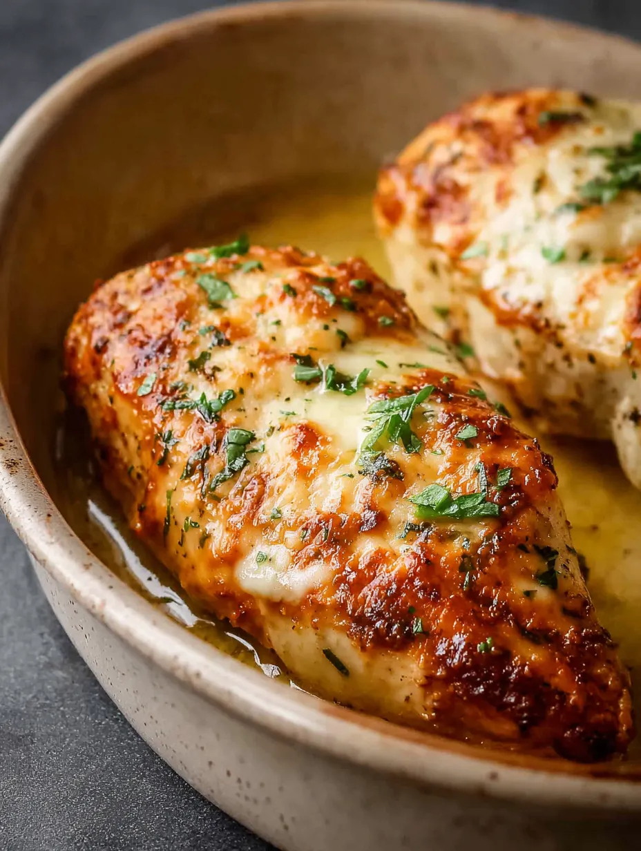 A bowl of chicken with cheese and herbs.