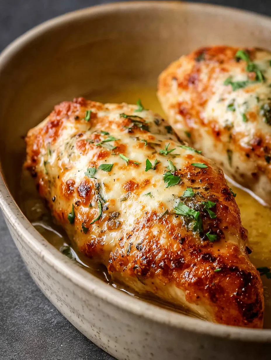 A bowl of melt in your mouth chicken with cheese and herbs.
