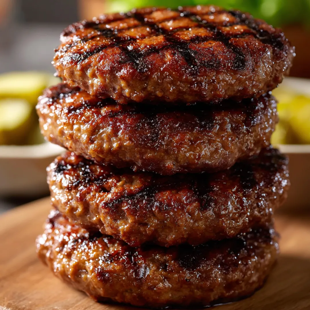 Three burgers stacked on a wooden table.