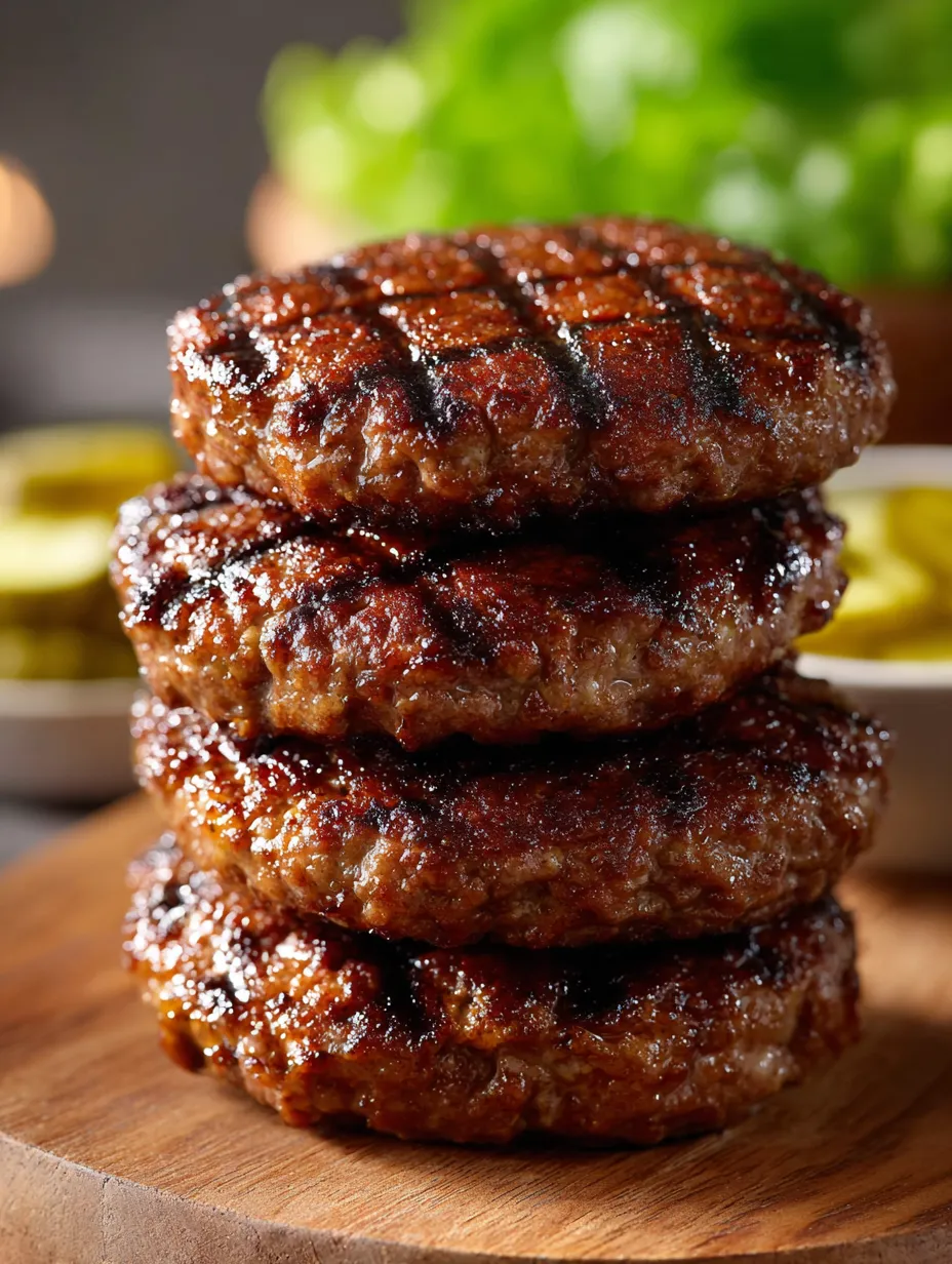A stack of burgers on a wooden table.