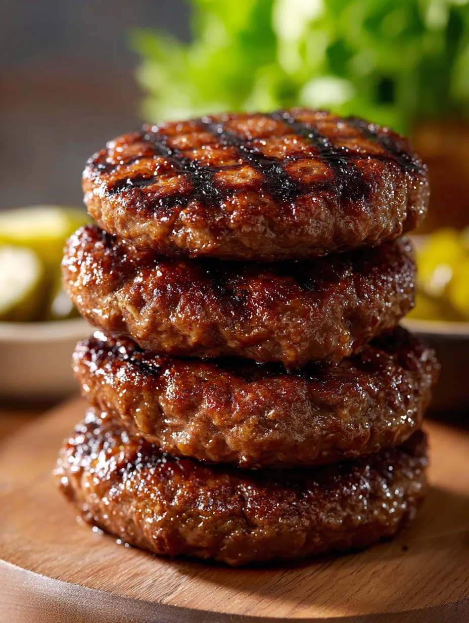 A stack of burgers on a table.