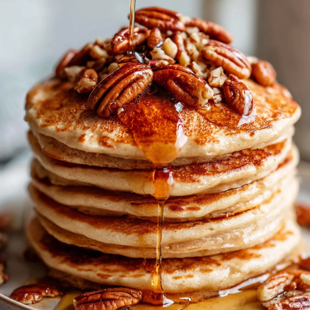 A stack of pancakes with syrup drizzled on top.