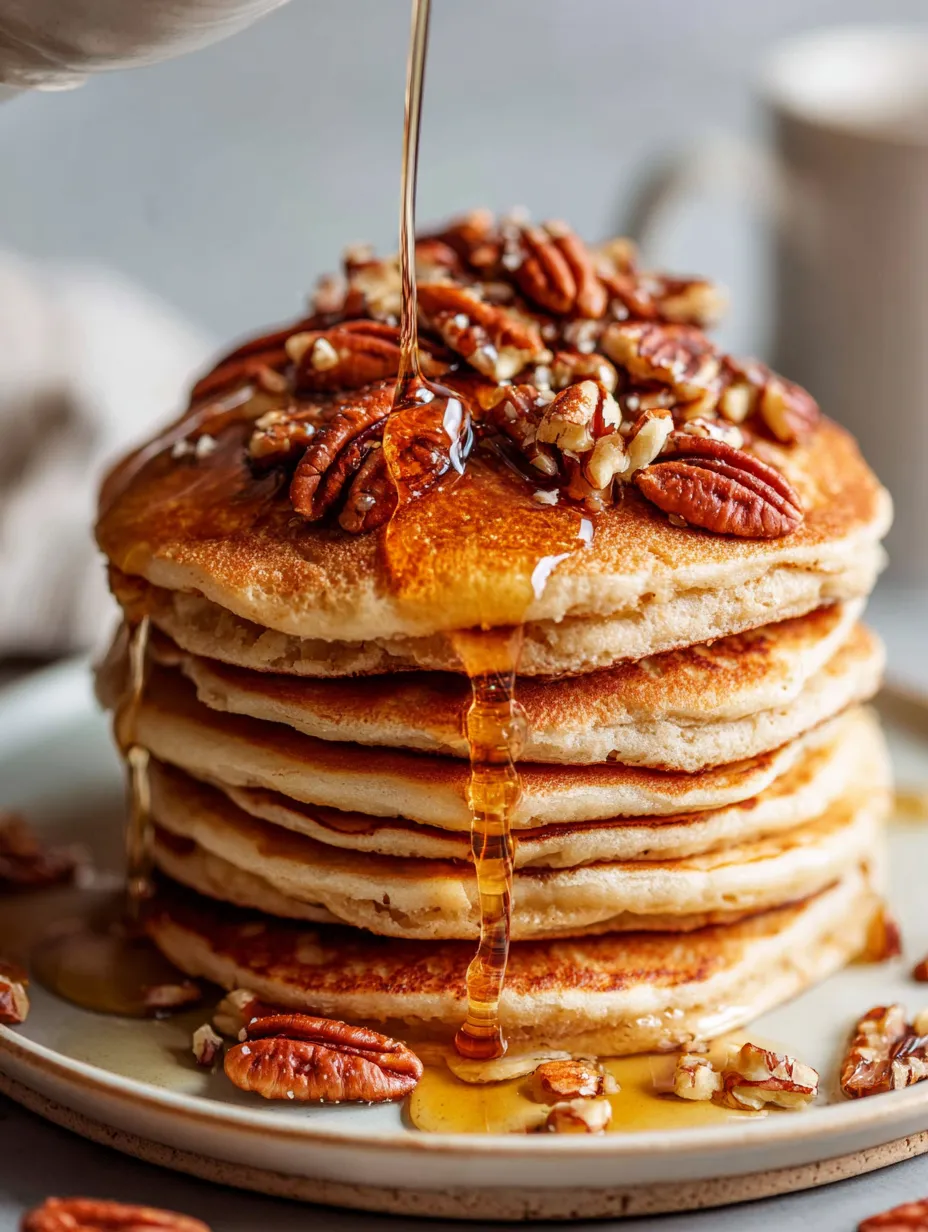 A stack of pancakes with syrup dripping down.
