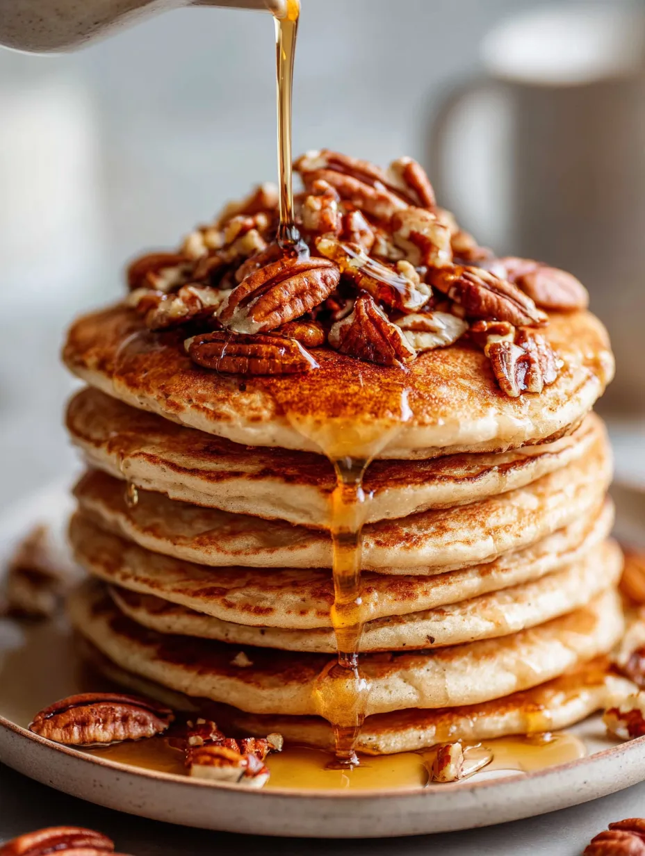 A stack of pancakes with syrup drizzled on top.
