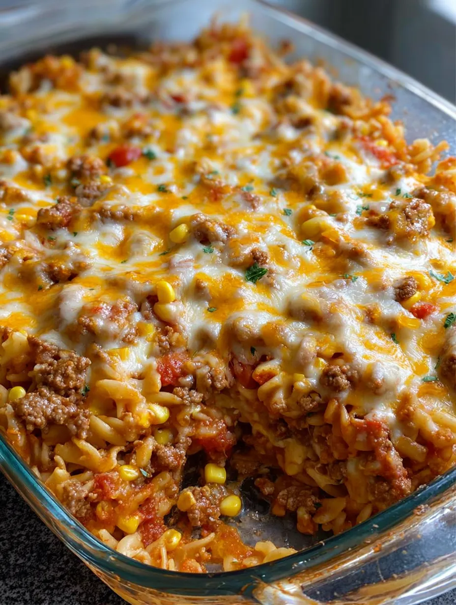 A casserole dish filled with pasta and meat.