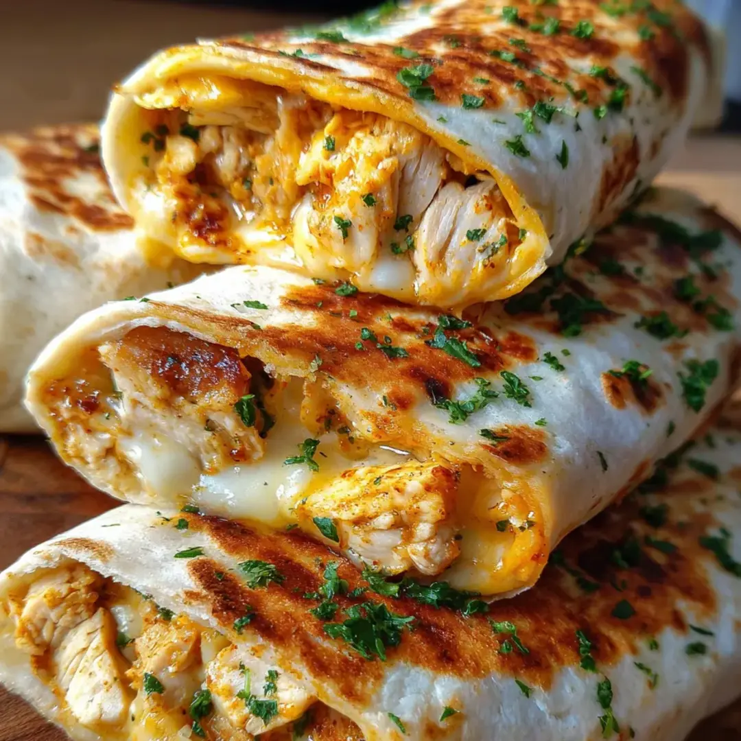 A stack of chicken wraps on a table.