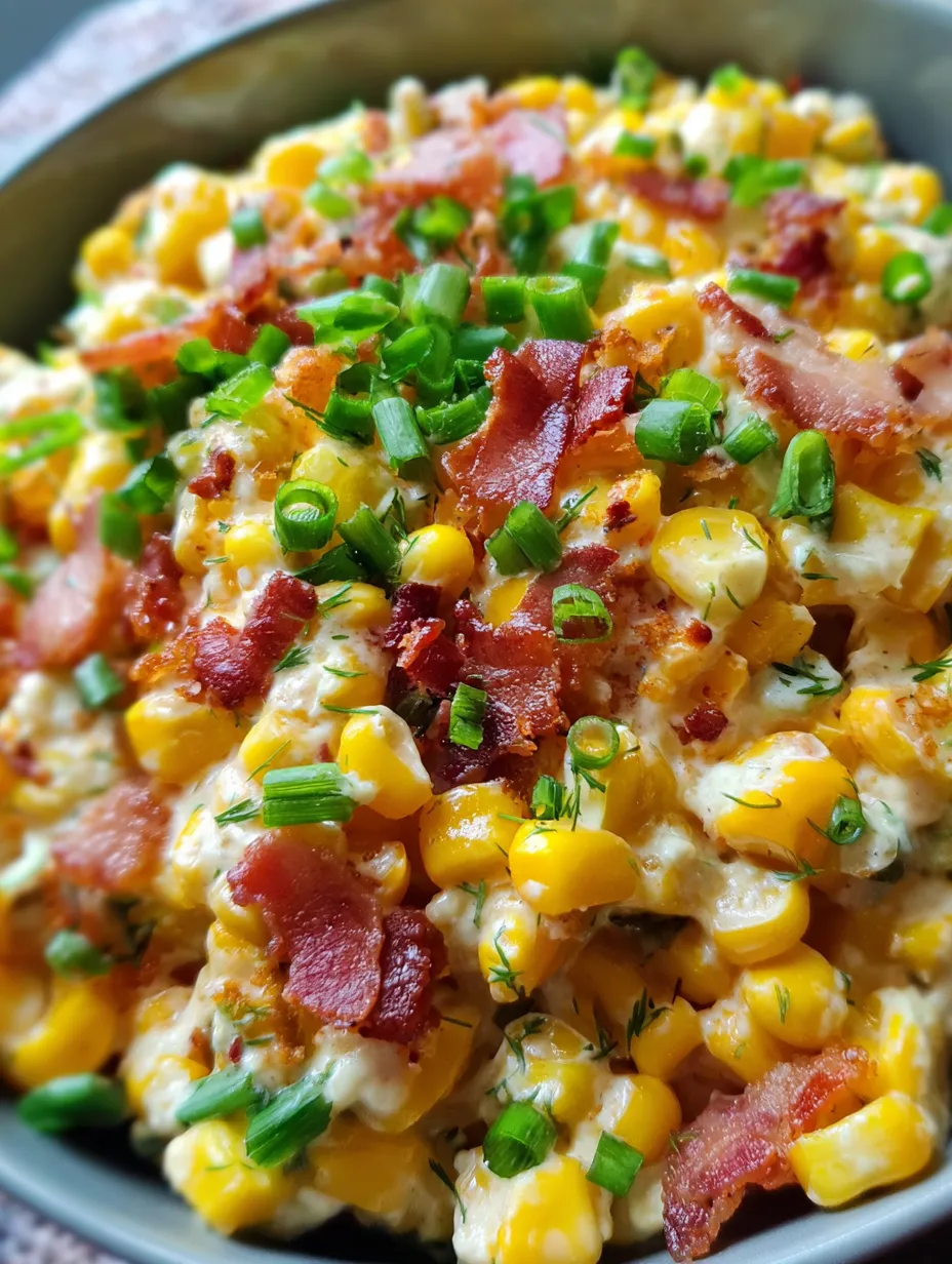 A close up of a plate of food with bacon and corn.