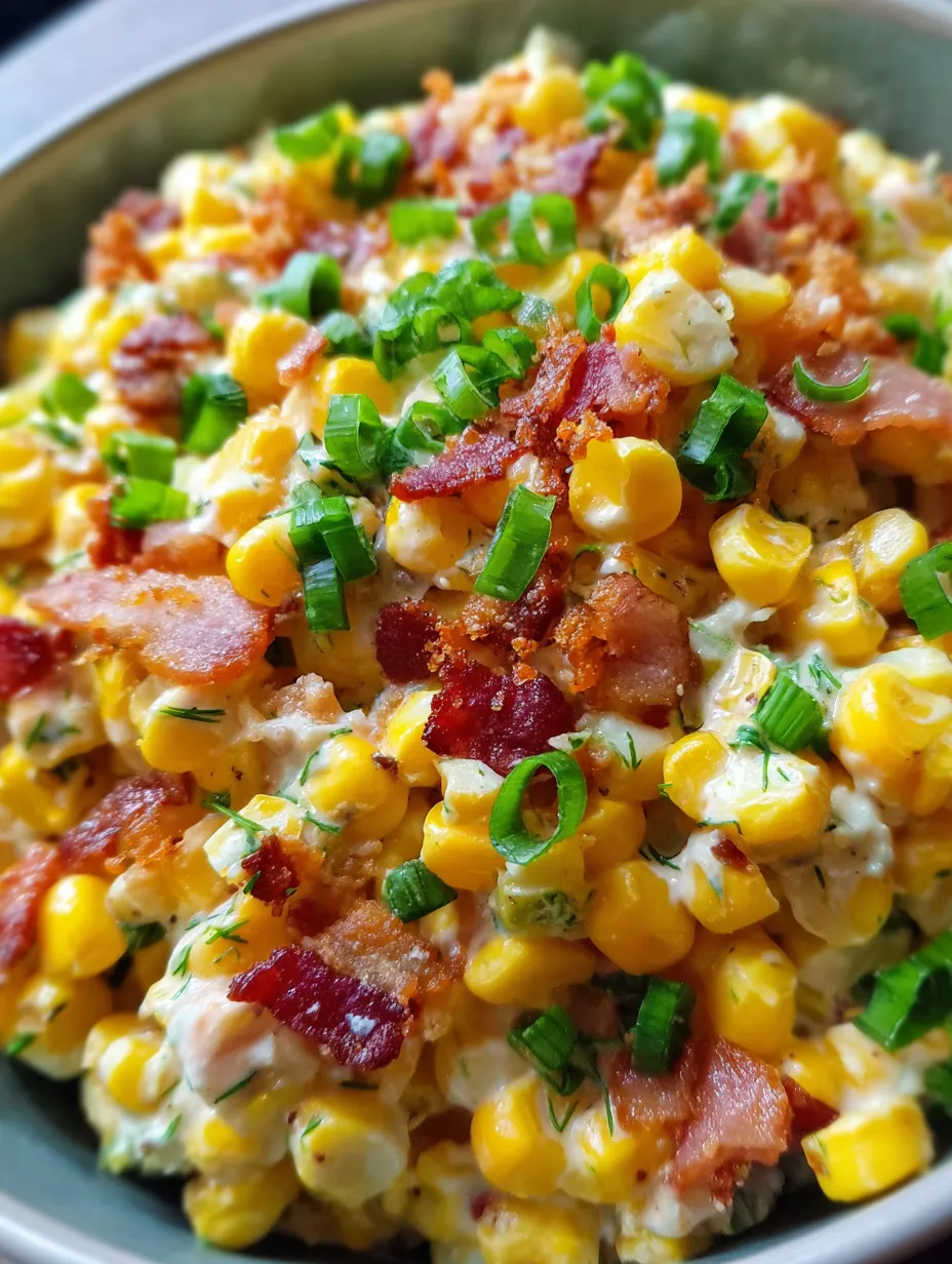 A bowl of food with bacon and corn.