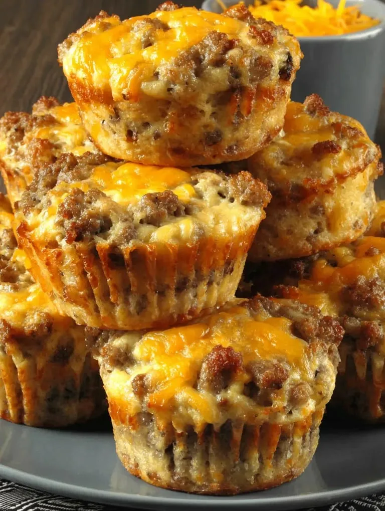 A stack of muffins with cheese on top.