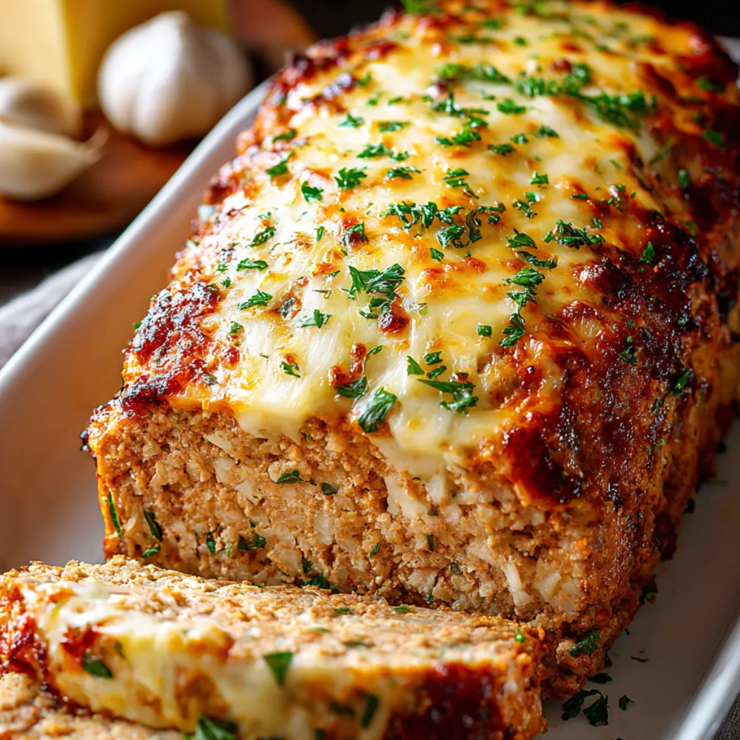 A slice of meatloaf with cheese and herbs.