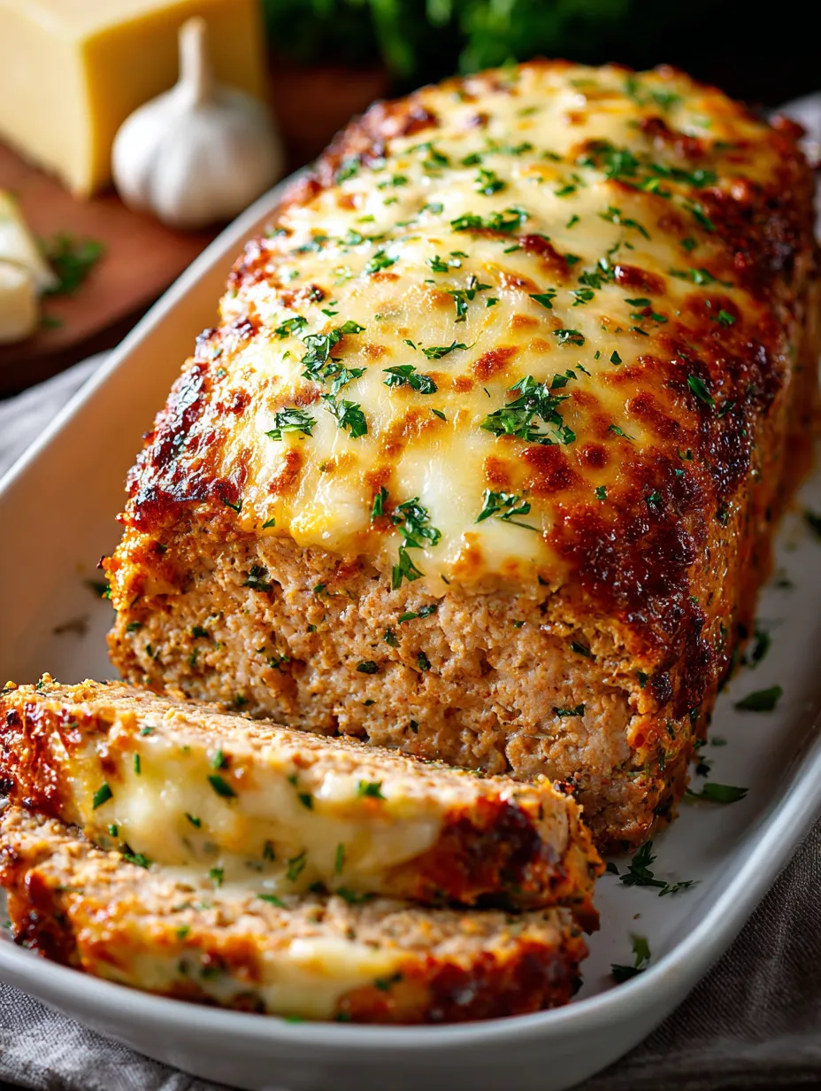 A slice of meatloaf with cheese on top.
